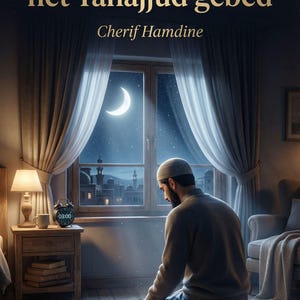 以下が含まれることがあります： 三日月のある窓の前で祈る男性のイラスト。画像には、Cherif Hamdine著の「De wonderen van het Tahajjud gebed」という本、夜のシーン、ランプと目覚まし時計のあるベッドサイドテーブルが写っています。
