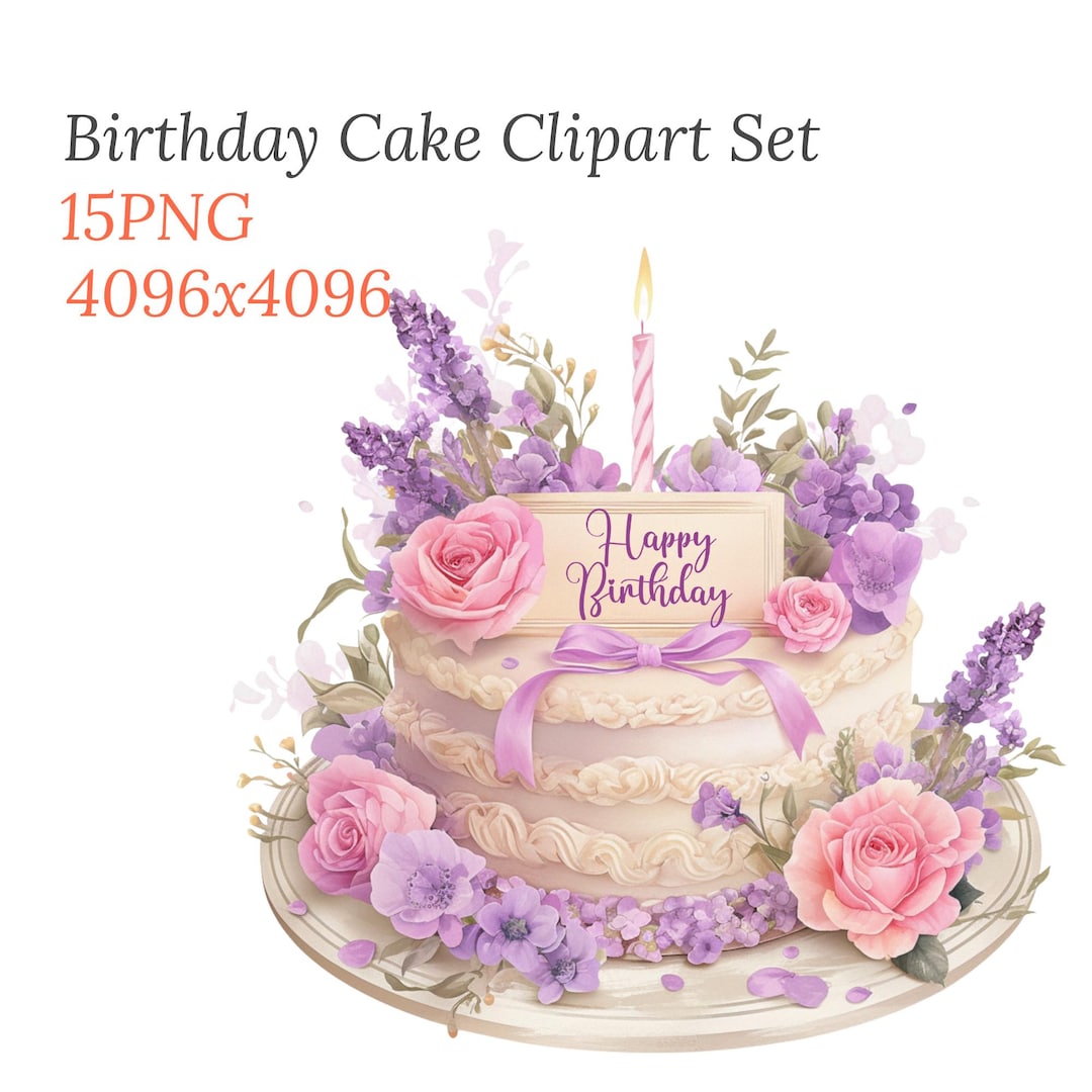 Birthday Cake Clipart Set PNG, Watercolor Floral Birthday Cake Bundle ...