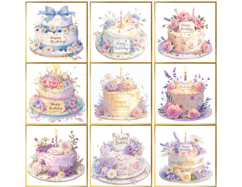 Birthday Cake Clipart Set PNG, Watercolor Floral Birthday Cake Bundle ...