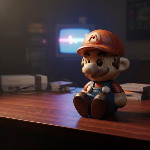 A hand-carved wooden puzzle sculpture of a retro game character that snaps apart and back together magnetically — desk decor meets tactile fidget toy.