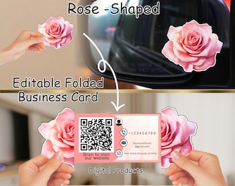 Paquete de plantillas de tarjetas de visita plegables con forma de rosa / Plantilla editable de Canva