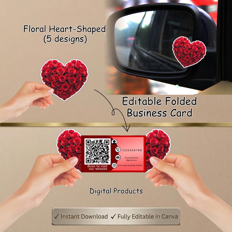 May include: A digital product featuring heart-shaped designs made of red roses. The image shows a business card with a QR code and contact information, along with the text "Instant Download" and "Fully Editable in Canva".