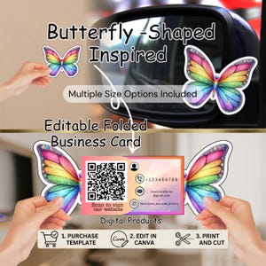 Può includere: Un prodotto digitale con un design a forma di farfalla. L'immagine mostra un modello di biglietto da visita con un design ad ala di farfalla dai colori arcobaleno. Il testo include "Butterfly-Shaped Inspired", "Editable Folded Business Card" e "Digital Products."