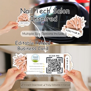 Puede incluir: Un diseño de tarjeta de visita para técnicos de uñas. El diseño presenta el texto "Nail Tech Salon Inspired" y "I DO NAILS". La tarjeta incluye un código QR, información de contacto y la opción de un logotipo. Es un producto digital.