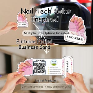 May include: A digital business card design for nail technicians. The card features a pink and white design with a hand illustration showcasing long, pink nails. Text includes "Nail Tech Salon Inspired", "I DO NAILS", and contact information. The card is a digital product, fully editable in Canva.