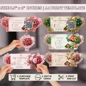 May include: A business card template for a bouquet business, sized at 8.9 x 5.1 cm. The design includes floral bouquets, QR codes, and the text "Company," "Bouquet," and "Bouquet and Treats." Instructions are "Purchase Template," "Edit in Canva," and "Print and Cut."