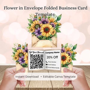 Flower in Envelope Folded Business Card Template | 3 Sizes | Editable Canva