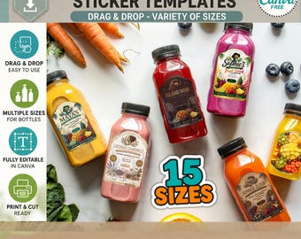Cricut Bottle Sticker Templates, 15 Sizes, Editable Canva Labels (Digital Download)