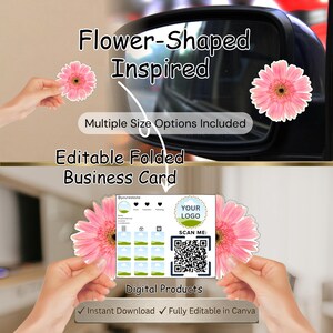 Può includere: Immagine di un prodotto digitale con disegni a forma di fiore e un biglietto da visita pieghevole modificabile. La scheda include un codice QR, icone di social media e il testo "Your Logo". L'immagine include anche il testo "Download istantaneo" e "Completamente modificabile in Canva".