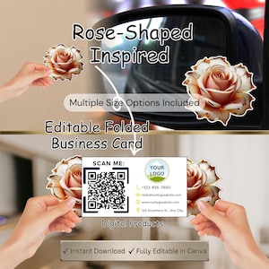 Può includere: Design a forma di rosa con più opzioni di dimensioni. L'immagine mostra un biglietto da visita piegato con una grafica a rosa e informazioni di contatto. La scheda include un codice QR e il testo "Download istantaneo Completamente modificabile in Canva."