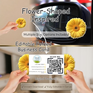 Modelli di biglietti da visita pieghevoli a forma di fiore / Modello Canva modificabile (10 diverse dimensioni)