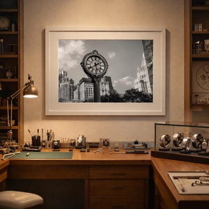Puede incluir: Una fotografía en blanco y negro enmarcada de un gran reloj de exterior en un entorno urbano cuelga sobre un escritorio de madera. El escritorio está lleno de herramientas de relojería y relojes. Una vitrina con relojes está a la derecha.