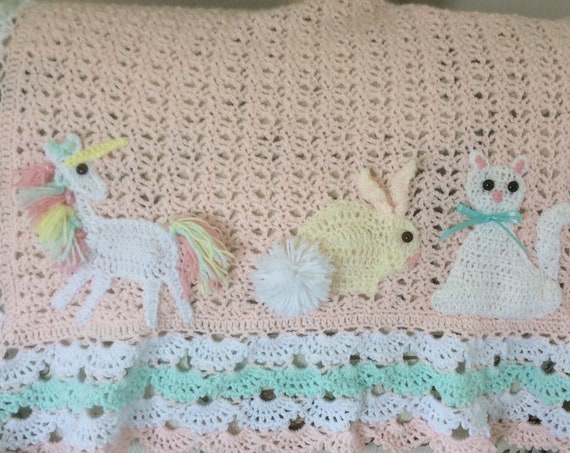 Crochet unicorn baby blanket,bunny rabbit, kitten, cat, Afghan, ORIGINAL BABY TUCKERS design,choice of animals and colors, Baby shower gift