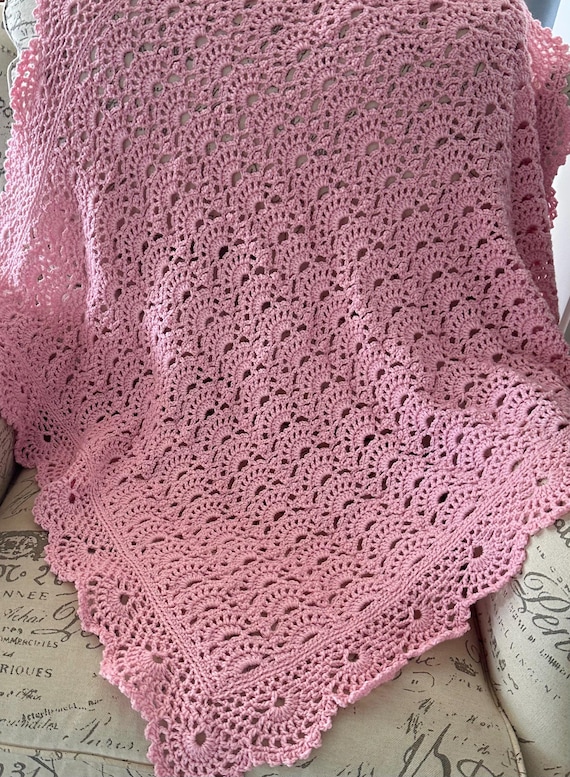 Crochet baby blanket, medium pink, 34x37, super soft yarn,Baby Tuckers unique fan design/intricate fan edging, ready to ship, baby shower