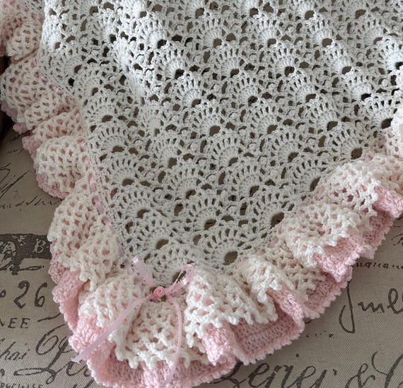 Handmade Crochet Ruffled Baby Blanket: White & Pink, Baby Tuckers Design