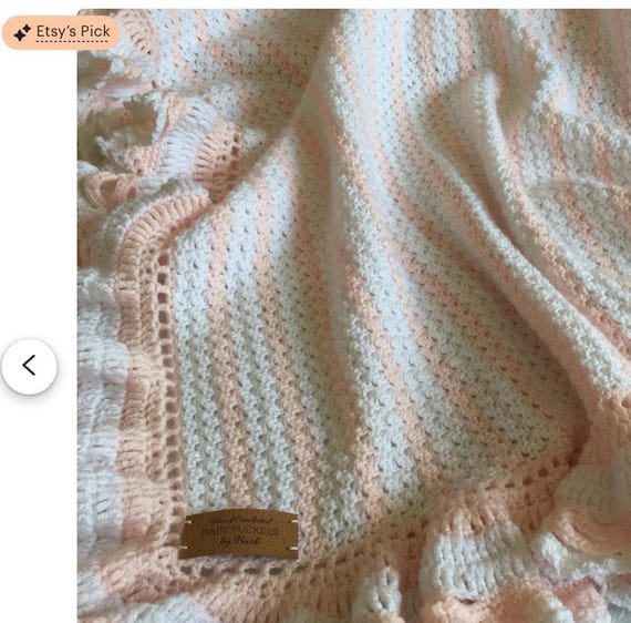 Crochet baby blanket, white and baby pink, ORIGINAL BABY TUCKERS design, 34x40, other colors available, soft full ruffle, baby shower gift