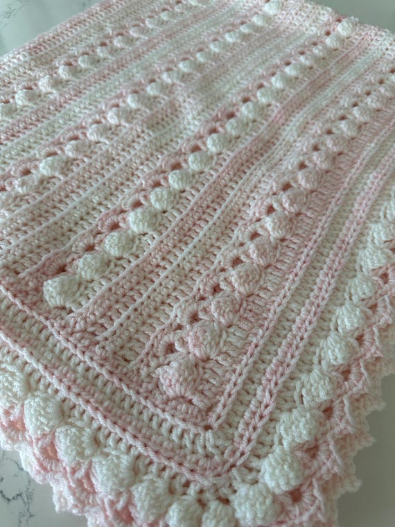 Handmade Crochet Cable Design Baby Blanket: Pink & White Yarn