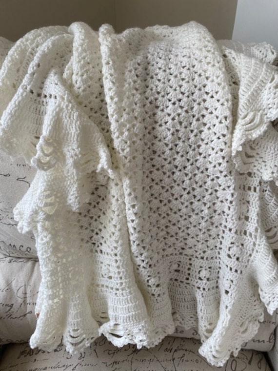 Crochet baby blanket, off white or your color choice, custom baby blanket with elaborate full ruffle edging, Soft,quality yarn