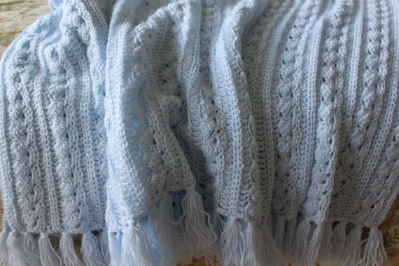 Hand crochet baby blanket cable design with fringe, 2 sizes, made with soft quality baby yarn, Baby shower gift