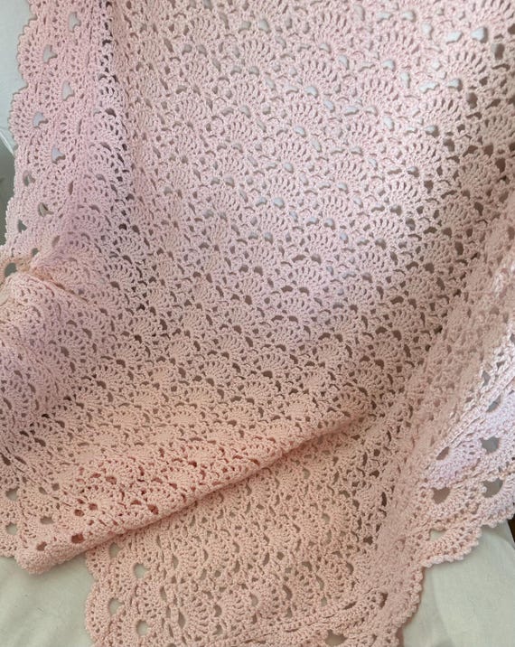 Crochet Baby Blanket: Pink Fan Design with Picot Edging