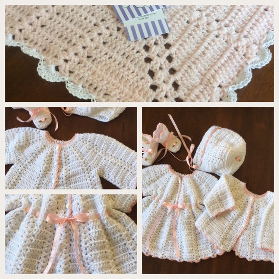 Baby layette 5 piece set with blanket/crochet dress& sweater set WITH matching blanket in 3 sizes, QUALITY baby yarn, many colors