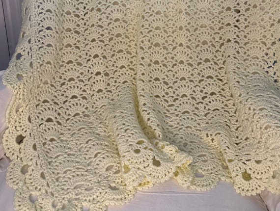 Crochet baby shower blanket, creamy pale yellow,36x39, soft baby yarn,Baby Tuckers unique fan design/intricate 2 tier edging, ready to ship