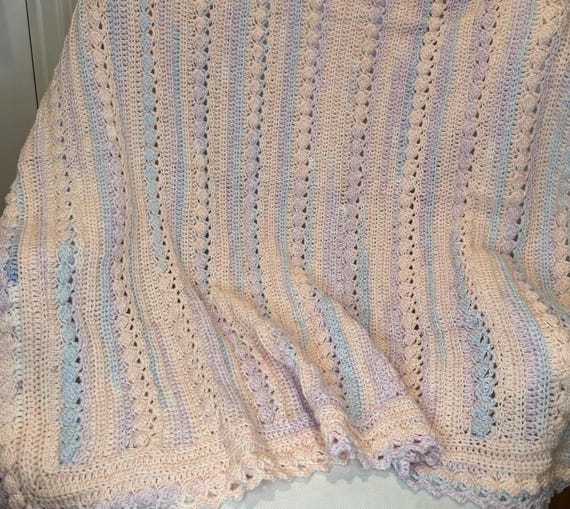 Crochet baby blanket, beautiful pastels blended mix, 40 x 42, super soft yarn, Handmade Baby Tuckers unique cable design, baby shower gift