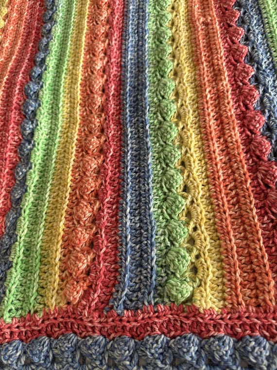 Rainbow Crochet Baby Blanket: Soft Primary Colors, Blue Edge (35 x 42)