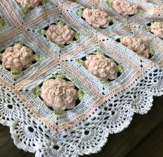 Crochet Baby Blanket: Rose Lace Edge, Ballet Pink, Baby Tuckers Design