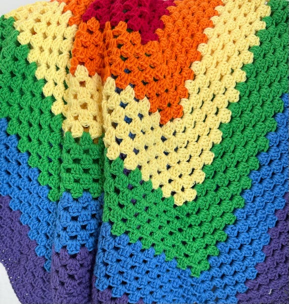 Crochet Rainbow Granny Square Baby Blanket: Baby Tuckers Design (34x36)