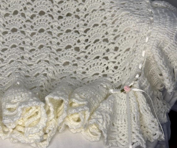 Handmade Crochet Baby Blanket: Off White Ruffle Edging, Heirloom Design