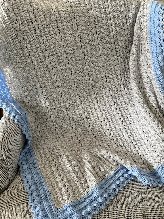Crochet Baby Blanket: Light Grey, Blue Edge, Handmade Nursery Bedding