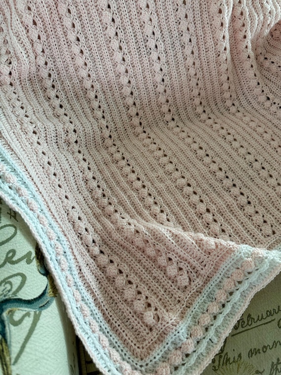 Crochet Baby Blanket: Pink Cable with White, Soft Yarn, Baby Tuckers Design