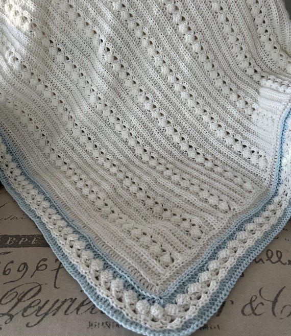 Handmade Crochet Baby Blanket: Off White Cable Knit with Blue Edge