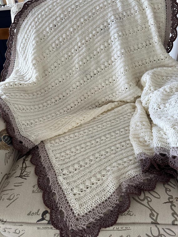 Crochet Merino Wool Baby Blanket: Custom Cable Design, Boho Edge