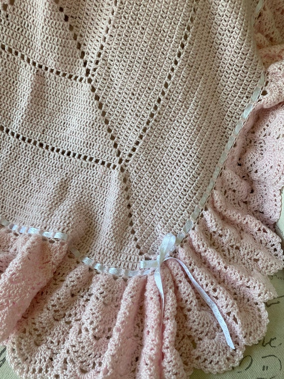 Hand crochet ruffled baby blanket, Baby pink in extra soft quality baby yarn, 2 sizes available, many color choices, heirloom keepsake
