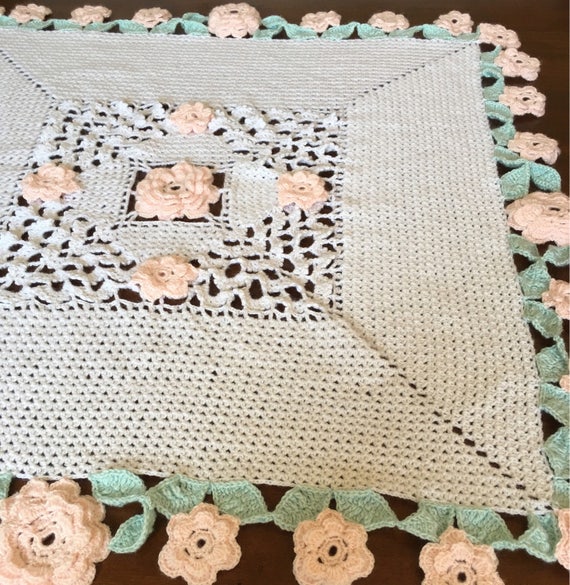 Irish rose crochet handmade baby blanket, off white with extensive detailed border of light pink flowers, mint leaves, or your color choice