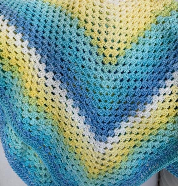 Crochet Granny Square Baby Blanket: Yellow, Blue, Green - Baby Tuckers Design