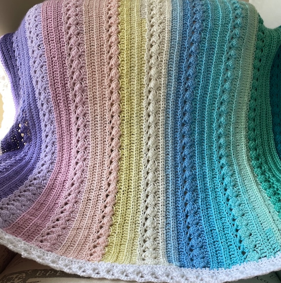 Crochet rainbow READY to SHIP 38X38 BOHO baby blanket, pinks yellow peach blues greens lavenders, one of a kind New design by Baby Tuckers