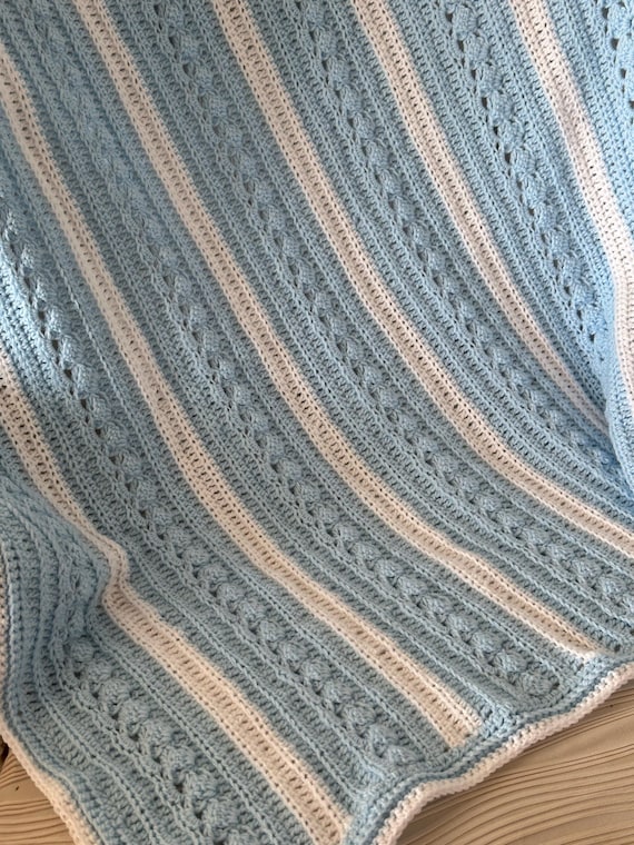 Handmade Crochet Baby Blanket: Blue & White Cable Design (35x40)