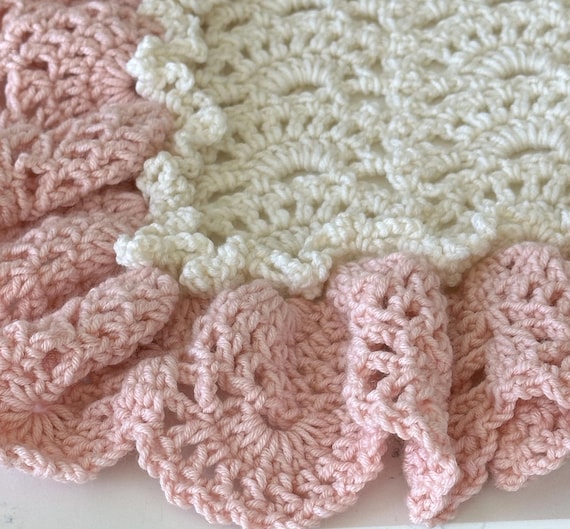 Hand Crocheted Baby Blanket: Cashmerino Wool, Antique Rose Ruffle - 37x37
