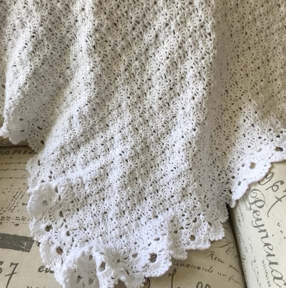 Baby blanket, white crochet, custom Unique Baby Tuckers design,Christening,baby shower,2 tier shell and picot edge, soft quality baby yarn