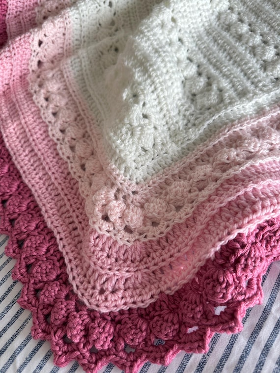 Crochet Cable Baby Blanket: Off-White with Pink Border, Soft Baby Yarn