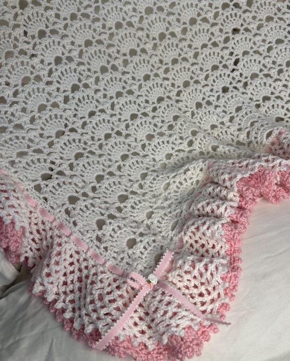 Handmade Crochet Baby Blanket: White & Pink Ruffle Design (37x39)