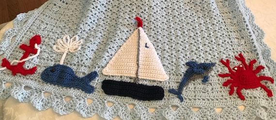 Crochet baby blanket,nautical,ocean,sea animal,sailing,beach,super soft quality yarn,3 sizes available,choice of color and items,Baby Shower