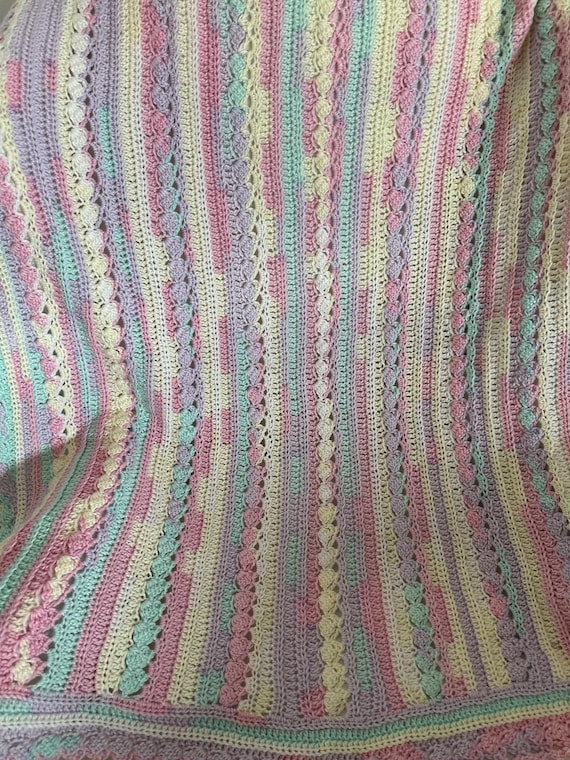 Crochet baby blanket, beautiful multi pink, lavender, soft yellow, green, off wh. 36x38, baby yarn, Handmade Baby Tuckers design,shower gift