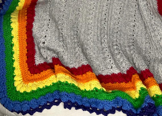 Handmade Crochet Baby Blanket: Gray Cable Knit with Rainbow Edge