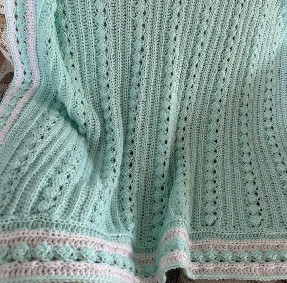 Crochet Baby Blanket: Green & White, Handmade Soft Yarn, 37x37