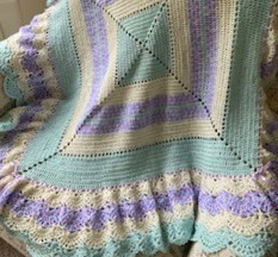 Baby blanket crochet,2 sizes, off white,lavender mix, mint green, 4 tier full ruffle, soft quality baby yarn, Many colors available