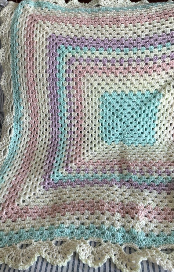 Crochet Granny Square Baby Blanket: Rainbow Pastels, Lace Edge